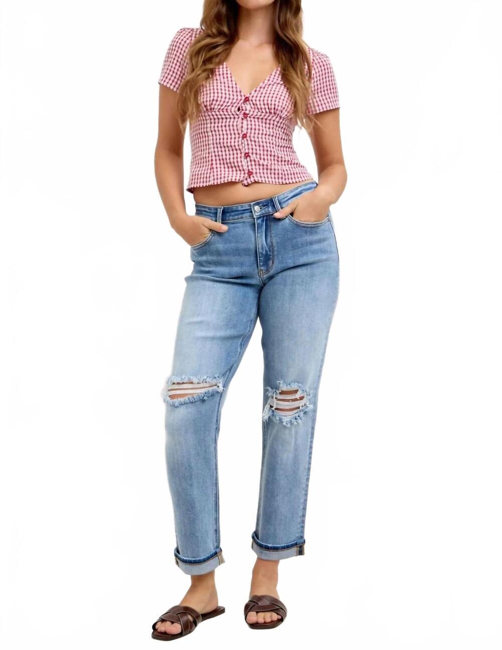 NEW JUDY BLUE women's mid rise destroyed & cuff skinny jeans in blue